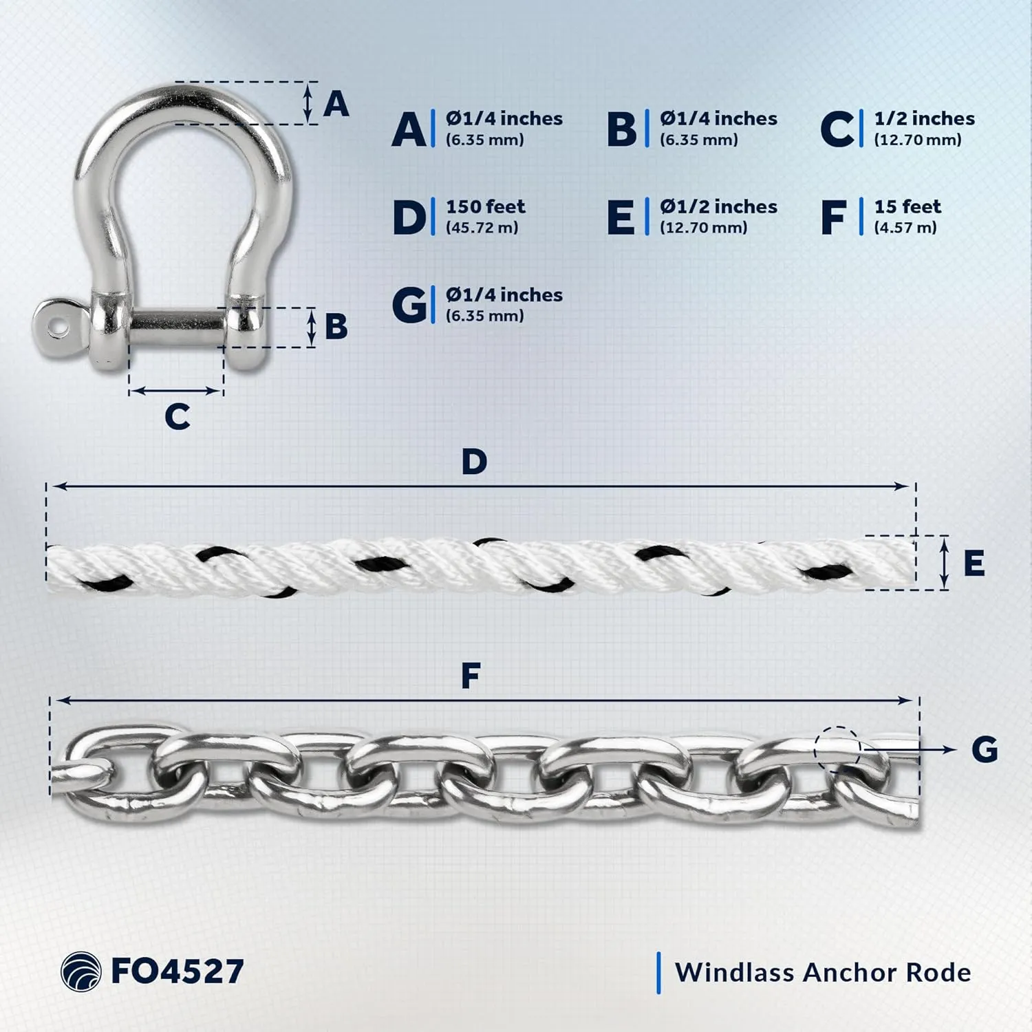 Five Oceans Windlass Anchor Rode, Hand-Spliced Anchor Rope and Chain Combination Kit, Nylon 3-Strand Rope, HT G4 Stainless Steel Chain for Boat Anchor System - Multiple Sizes
