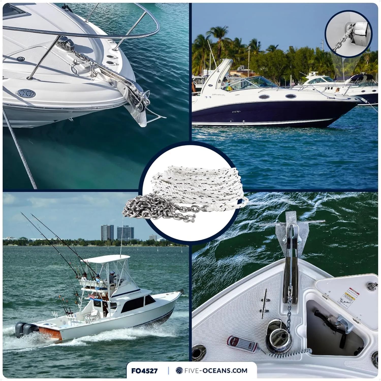 Five Oceans Windlass Anchor Rode, Hand-Spliced Anchor Rope and Chain Combination Kit, Nylon 3-Strand Rope, HT G4 Stainless Steel Chain for Boat Anchor System - Multiple Sizes