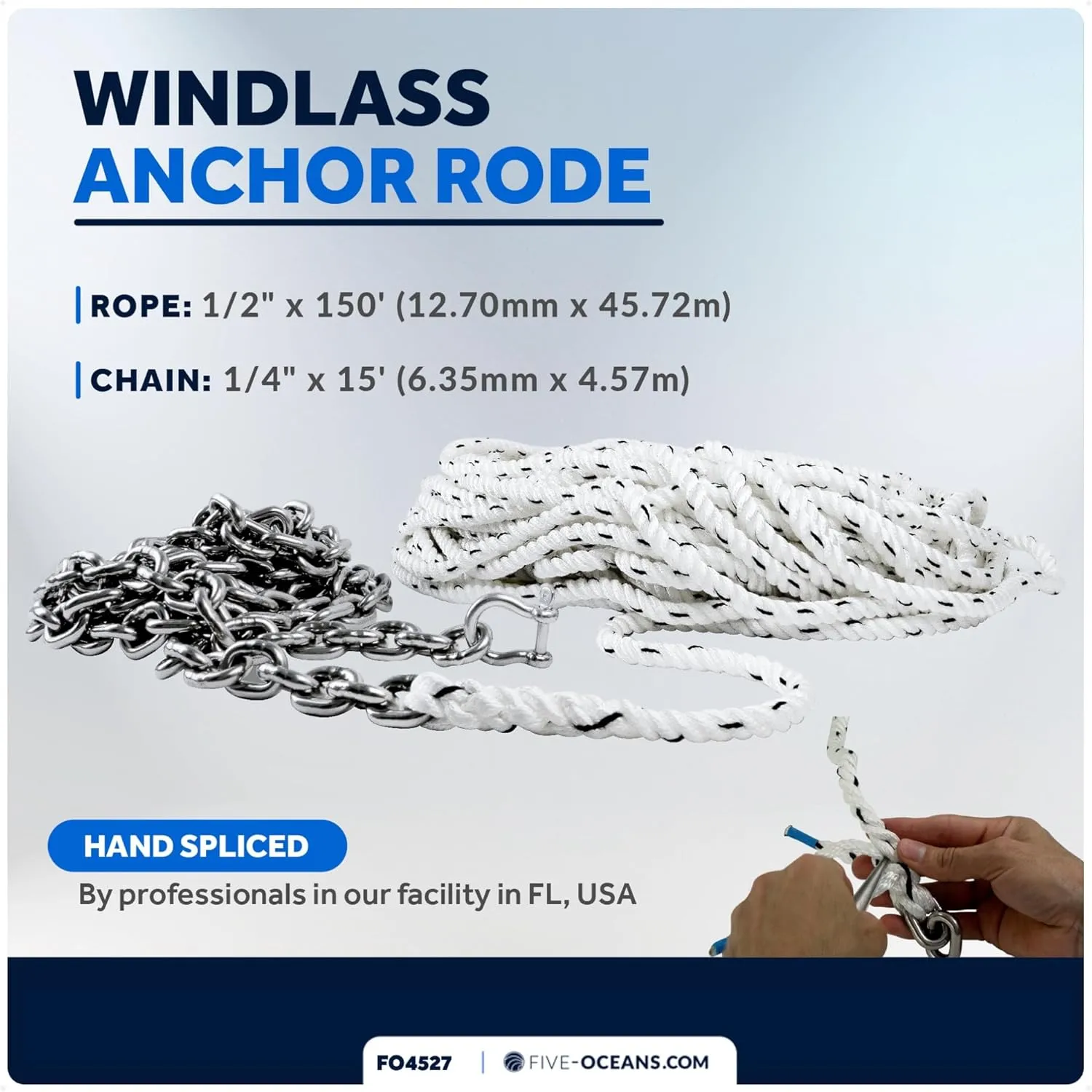 Five Oceans Windlass Anchor Rode, Hand-Spliced Anchor Rope and Chain Combination Kit, Nylon 3-Strand Rope, HT G4 Stainless Steel Chain for Boat Anchor System - Multiple Sizes