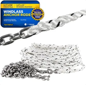 Five Oceans Windlass Anchor Rode, Hand-Spliced Anchor Rope and Chain Combination Kit, Nylon 3-Strand Rope, HT G4 Stainless Steel Chain for Boat Anchor System - Multiple Sizes