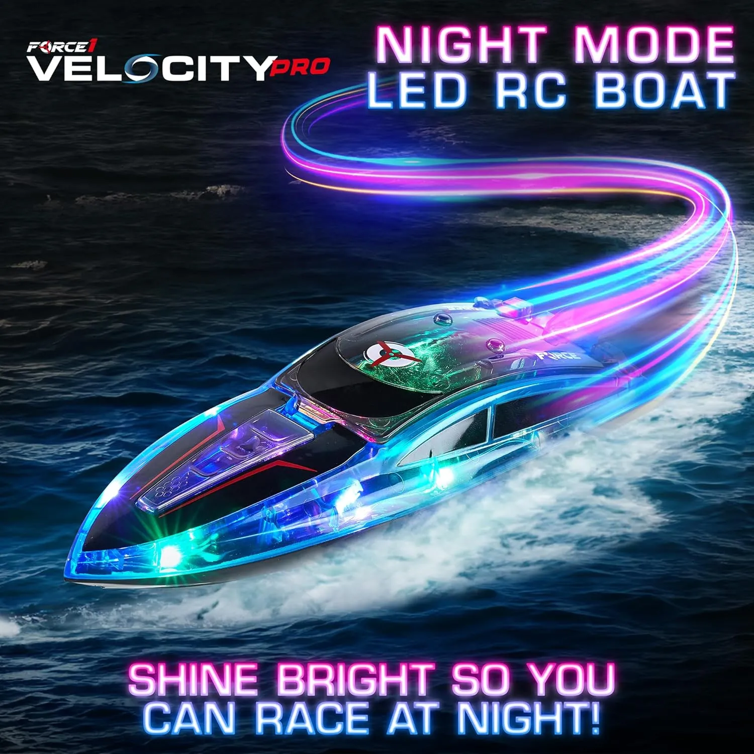 Force1 Velocity Pro LED RC Boat- Remote Control Boats for Adults and Kids, Underwater Speed Racing Mini RC Toy for Pools and Lakes, LEDs, 2.4GHZ Transmitter, Rechargeable Batteries, Low Battery Alert