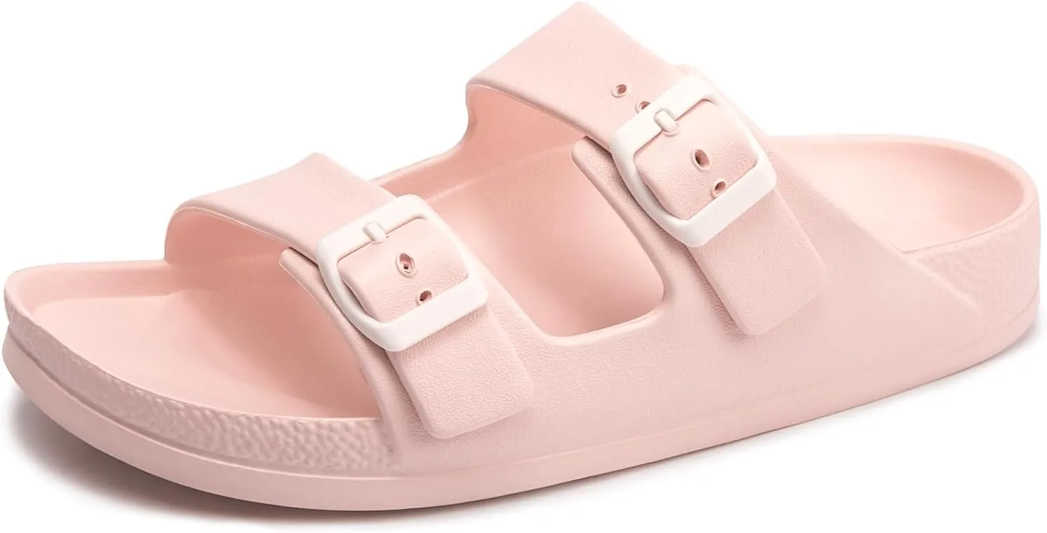 FUNKYMONKEY Women's Comfort Slides Double Buckle Adjustable Plastics Flat Sandals