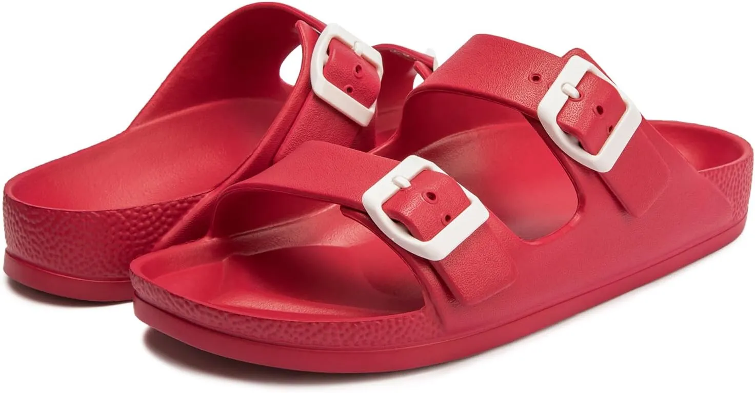 FUNKYMONKEY Women's Comfort Slides Double Buckle Adjustable Plastics Flat Sandals