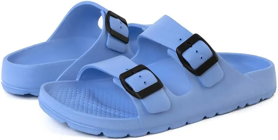FUNKYMONKEY Women's Comfort Slides Double Buckle Adjustable Plastics Flat Sandals