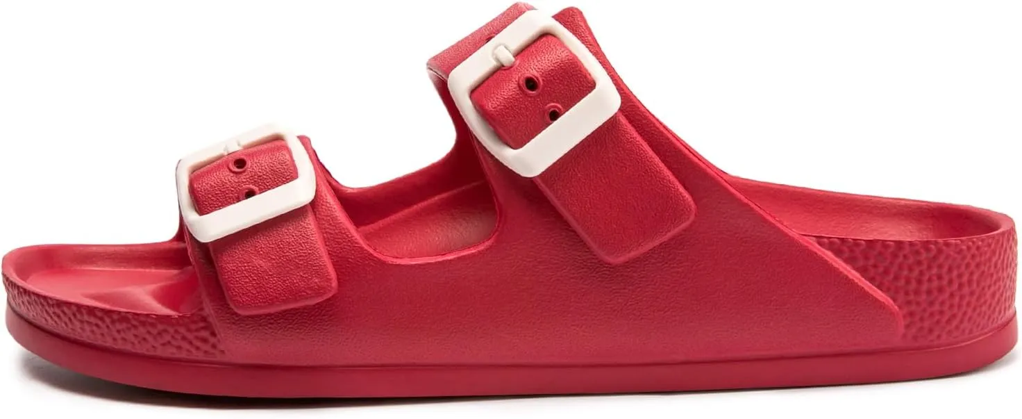FUNKYMONKEY Women's Comfort Slides Double Buckle Adjustable Plastics Flat Sandals