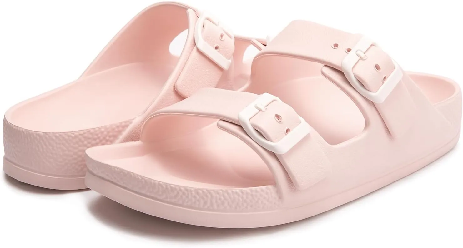 FUNKYMONKEY Women's Comfort Slides Double Buckle Adjustable Plastics Flat Sandals