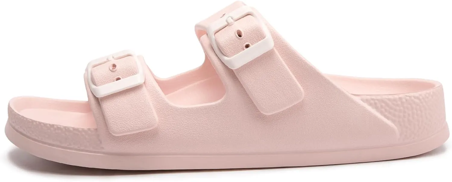 FUNKYMONKEY Women's Comfort Slides Double Buckle Adjustable Plastics Flat Sandals