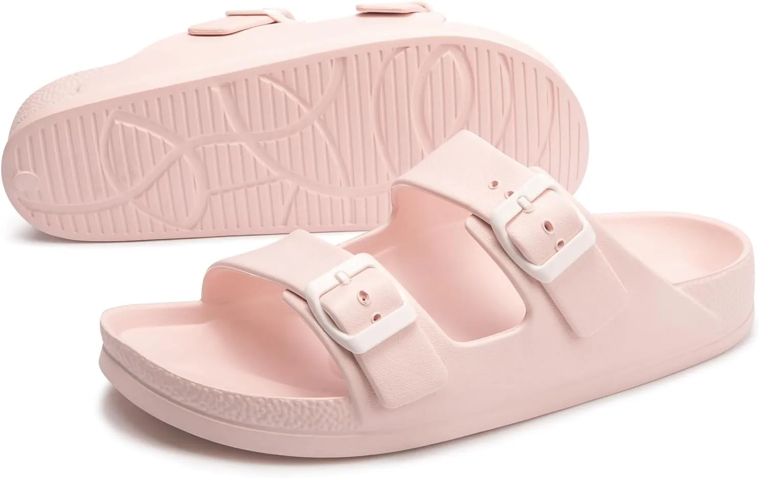 FUNKYMONKEY Women's Comfort Slides Double Buckle Adjustable Plastics Flat Sandals