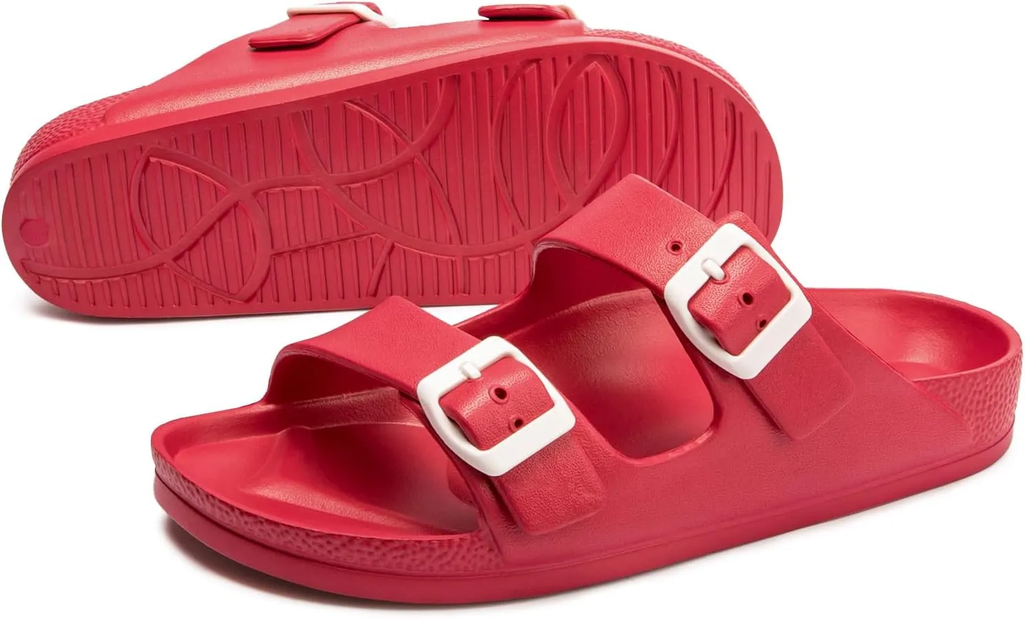 FUNKYMONKEY Women's Comfort Slides Double Buckle Adjustable Plastics Flat Sandals
