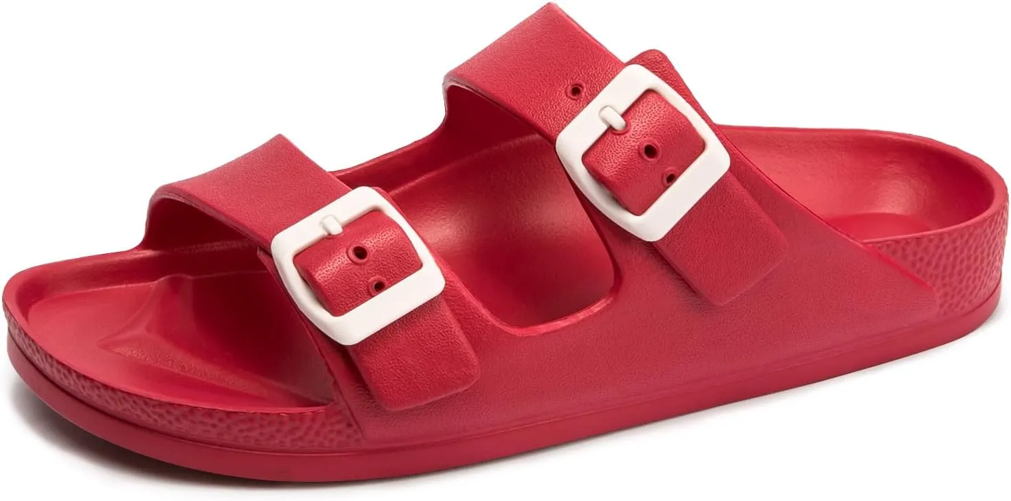 FUNKYMONKEY Women's Comfort Slides Double Buckle Adjustable Plastics Flat Sandals