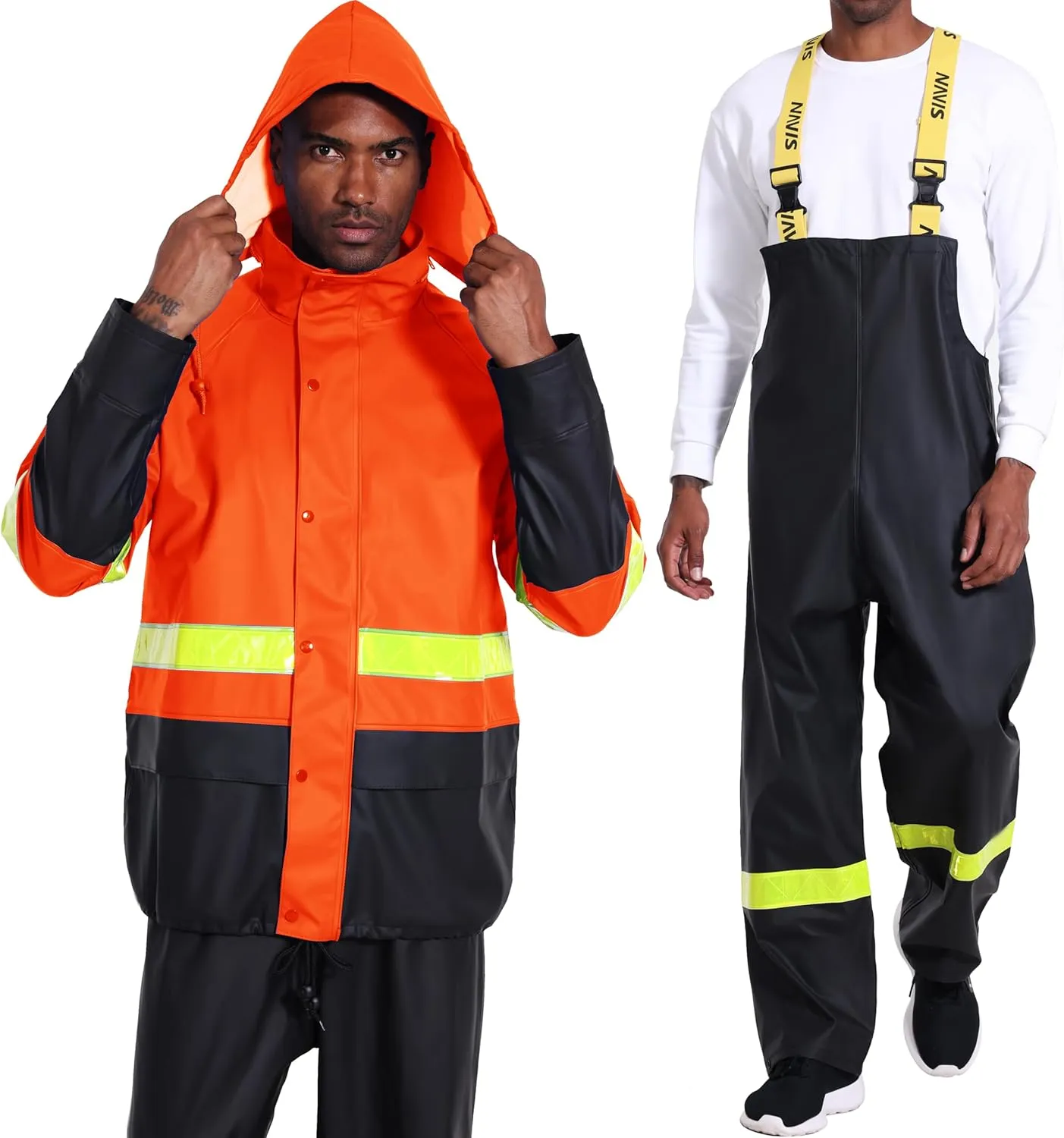 FWG Workwear Hi Vis Waterproof Jacket & Bib Pants Combo - Men's Rain Suit, Stretchable & Durable