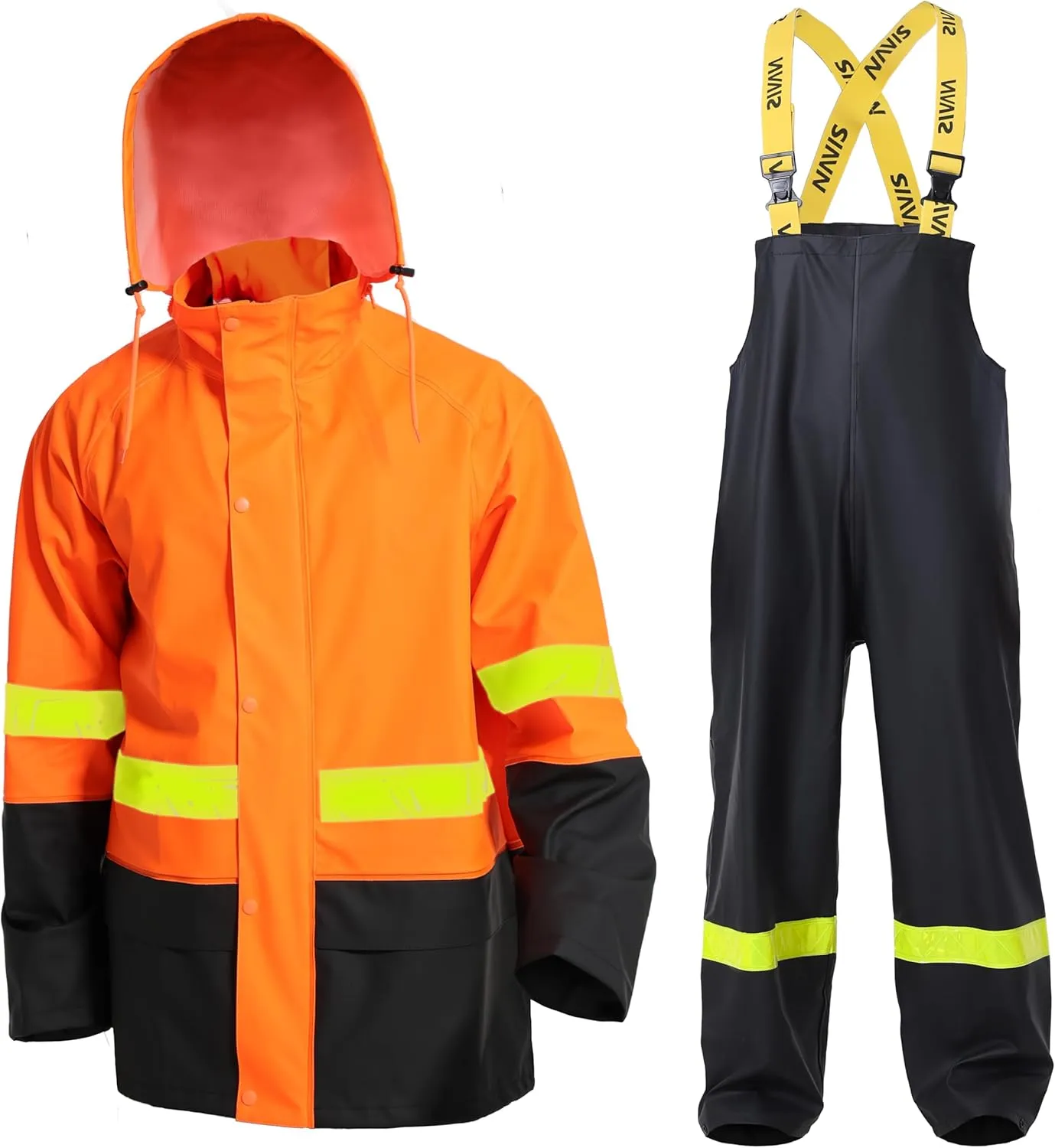 FWG Workwear Hi Vis Waterproof Jacket & Bib Pants Combo - Men's Rain Suit, Stretchable & Durable