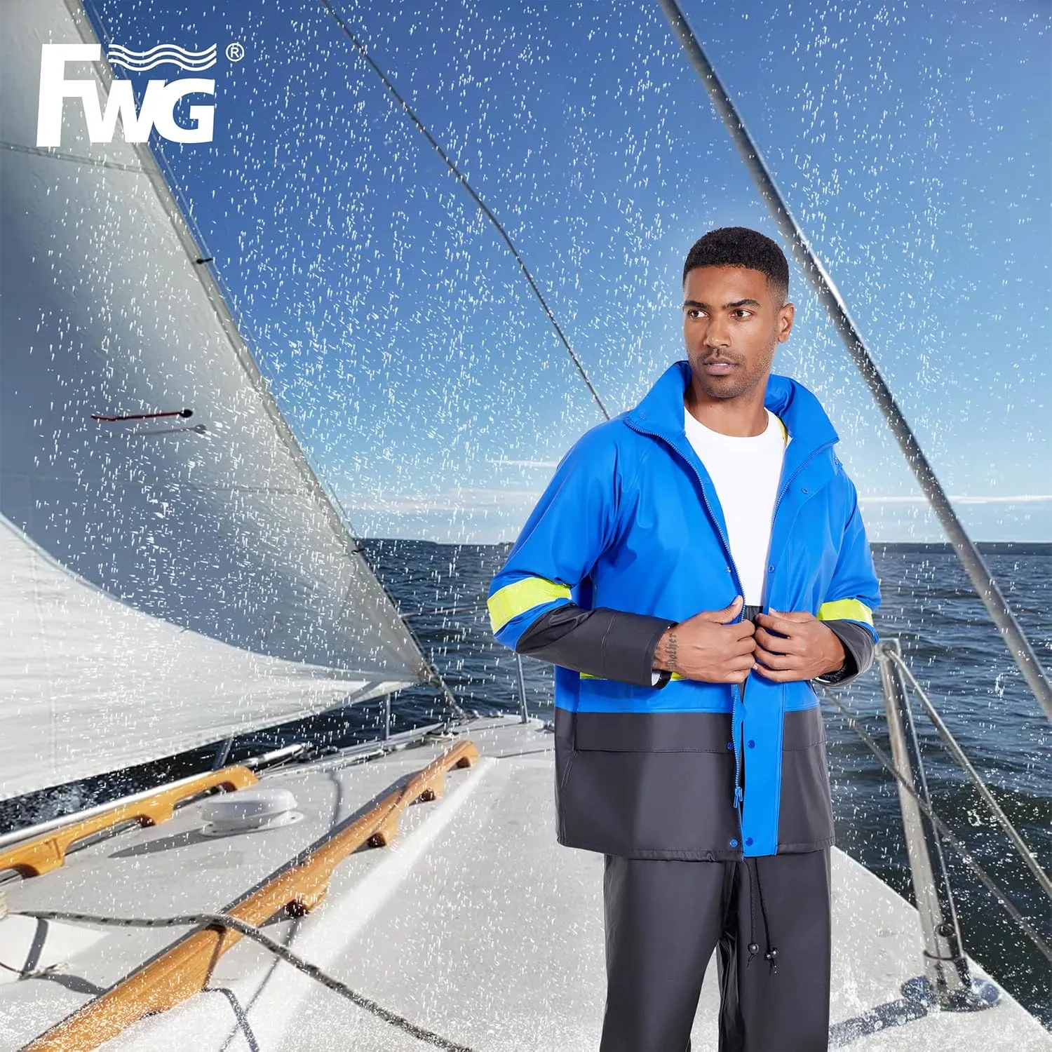 FWG Workwear Hi Vis Waterproof Jacket & Bib Pants Combo - Men's Rain Suit, Stretchable & Durable