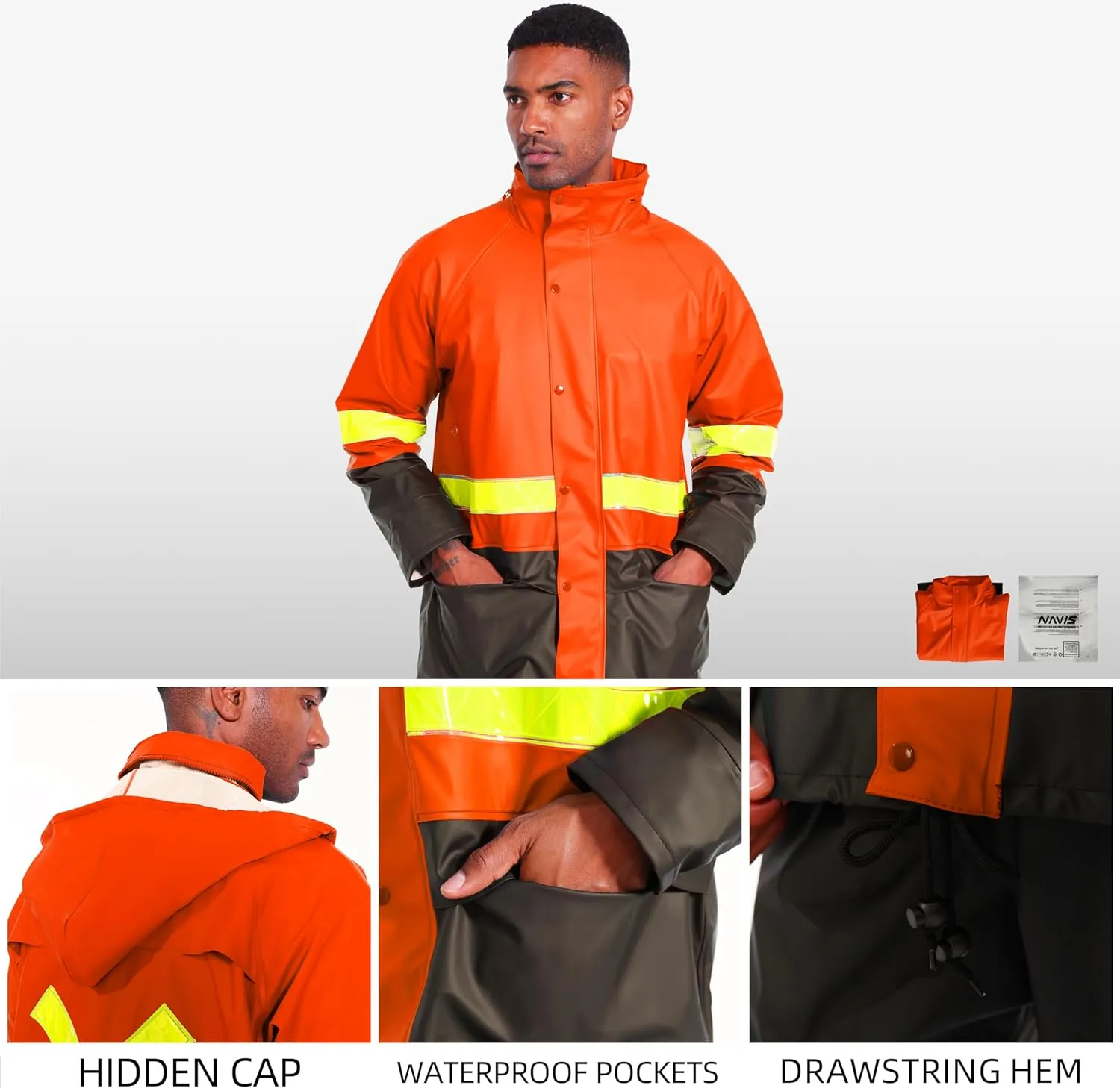 FWG Workwear Hi Vis Waterproof Jacket & Bib Pants Combo - Men's Rain Suit, Stretchable & Durable