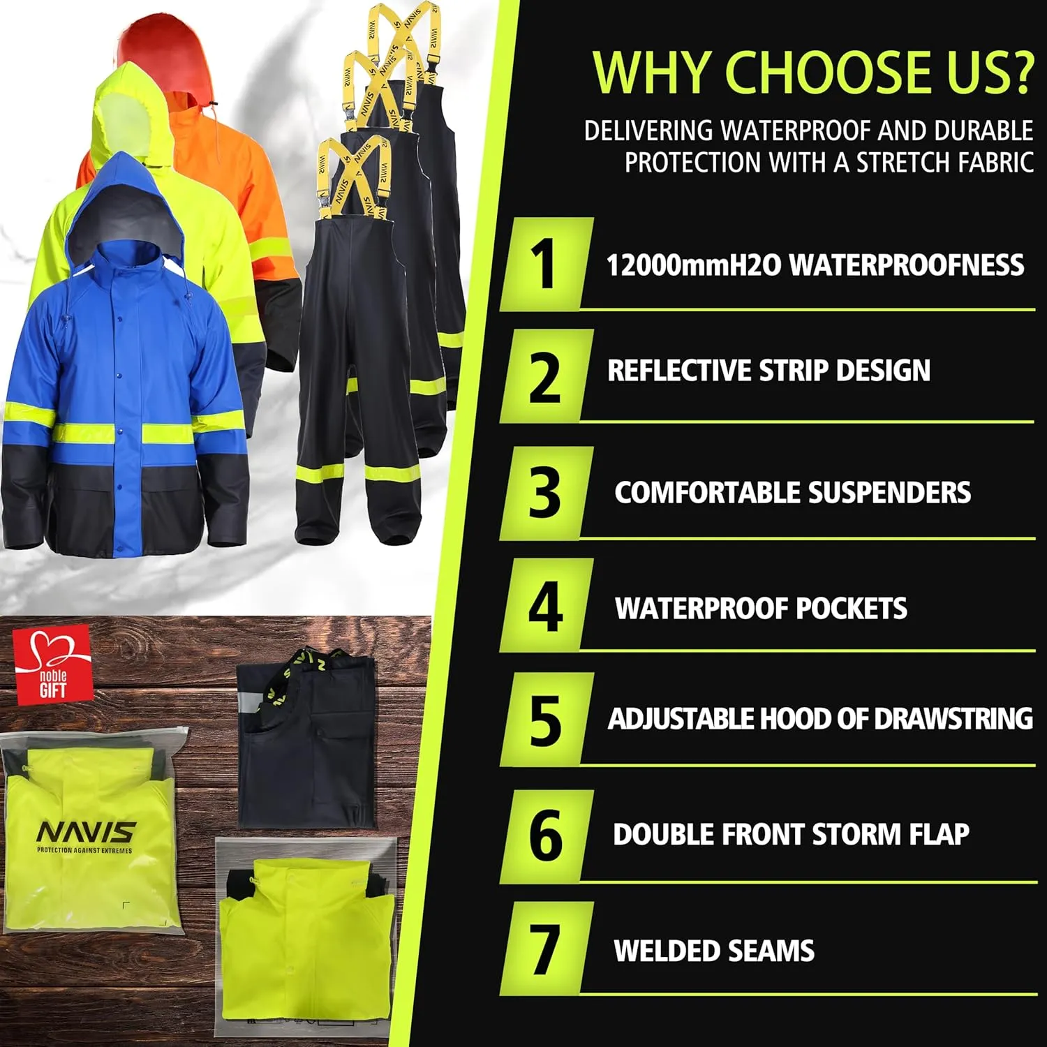 FWG Workwear Hi Vis Waterproof Jacket & Bib Pants Combo - Men's Rain Suit, Stretchable & Durable