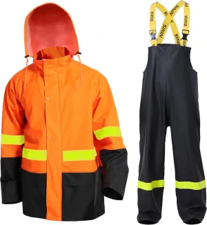 FWG Workwear Hi Vis Waterproof Jacket & Bib Pants Combo - Men's Rain Suit, Stretchable & Durable