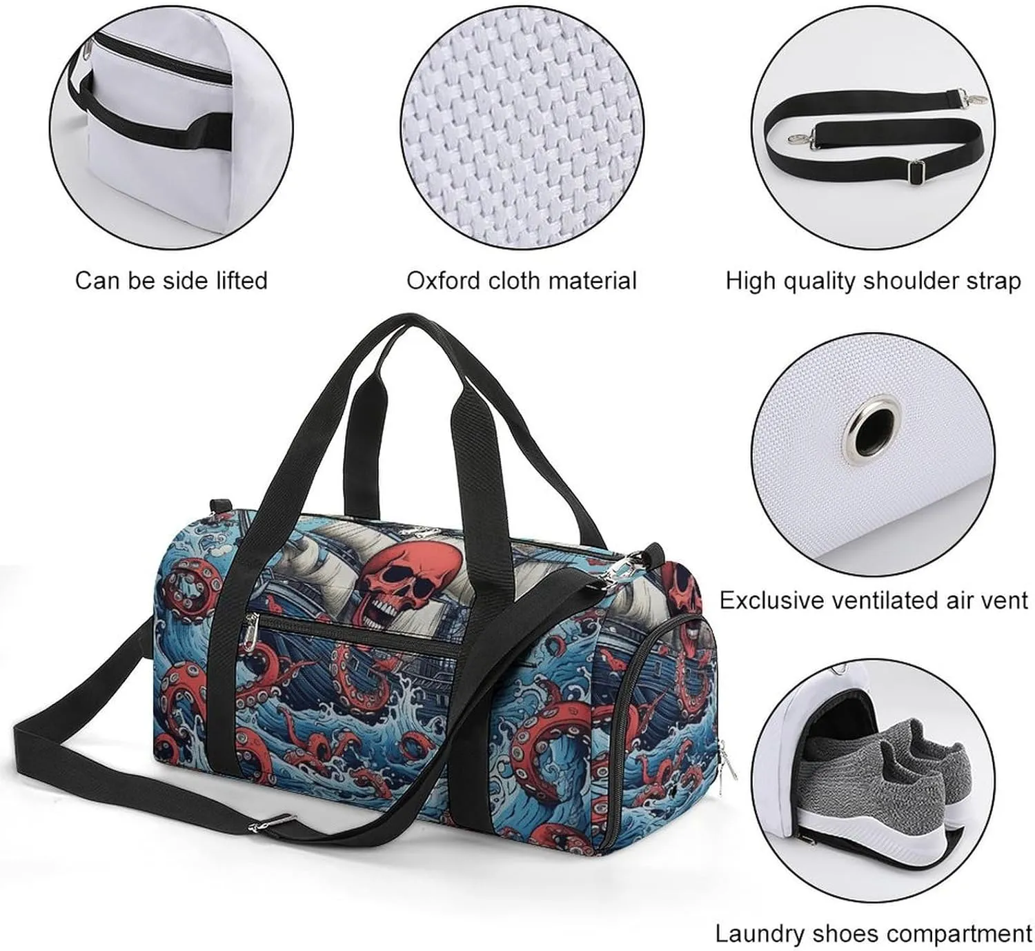 Gym Bag Octopus And Boat Duffel Bag for Men Women Overnight Bag with Shoe Compartment Workout Bags