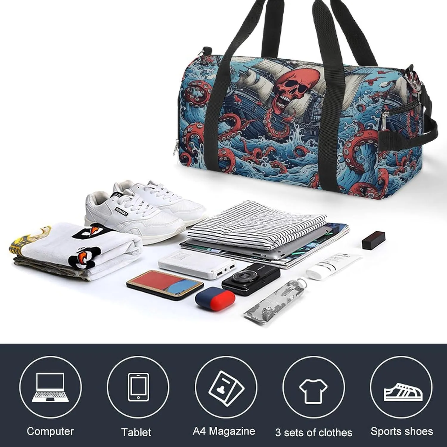 Gym Bag Octopus And Boat Duffel Bag for Men Women Overnight Bag with Shoe Compartment Workout Bags