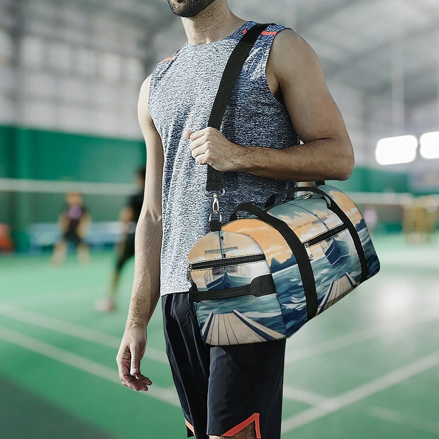 Gym Bags Small Boat Seascape Theme Duffel Bag Overnight Bag with Shoe Compartment Carryon Bag for Men Women