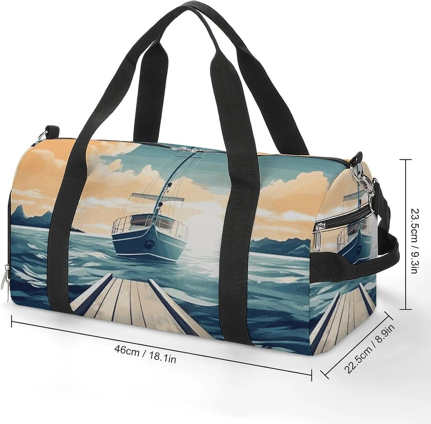 Gym Bags Small Boat Seascape Theme Duffel Bag Overnight Bag with Shoe Compartment Carryon Bag for Men Women
