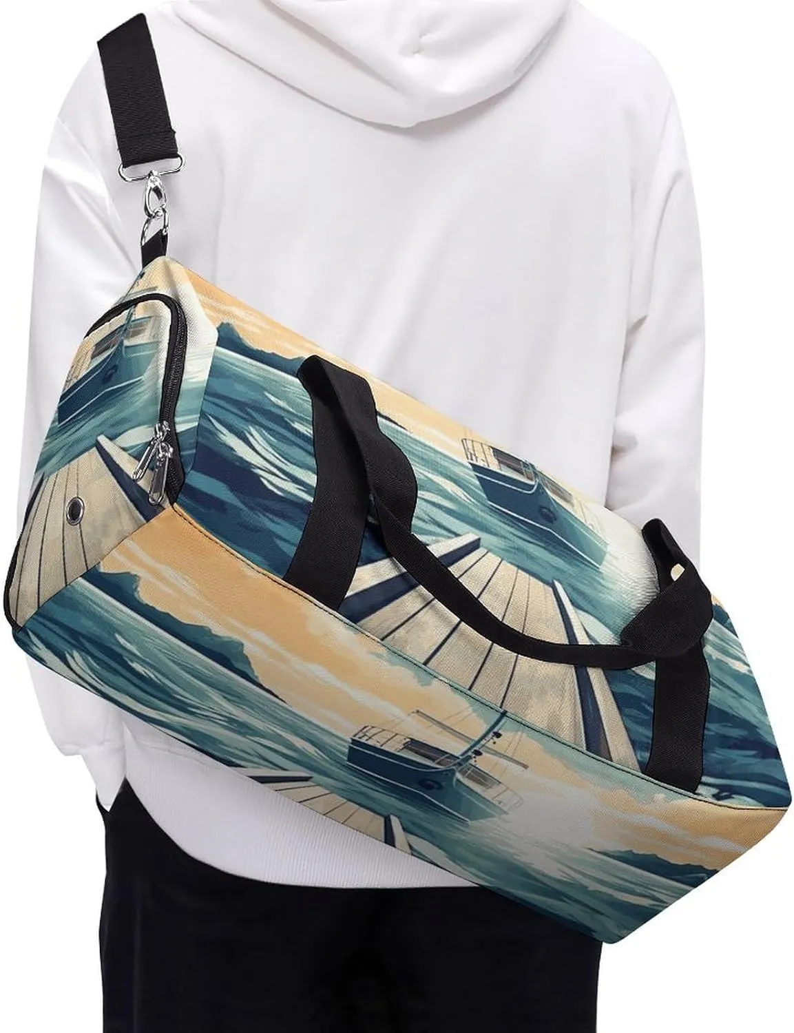Gym Bags Small Boat Seascape Theme Duffel Bag Overnight Bag with Shoe Compartment Carryon Bag for Men Women