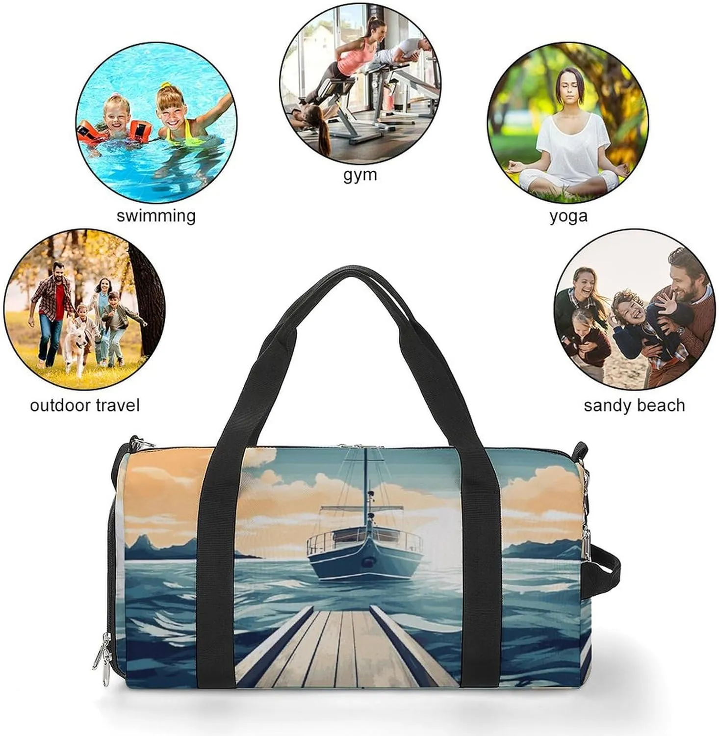 Gym Bags Small Boat Seascape Theme Duffel Bag Overnight Bag with Shoe Compartment Carryon Bag for Men Women
