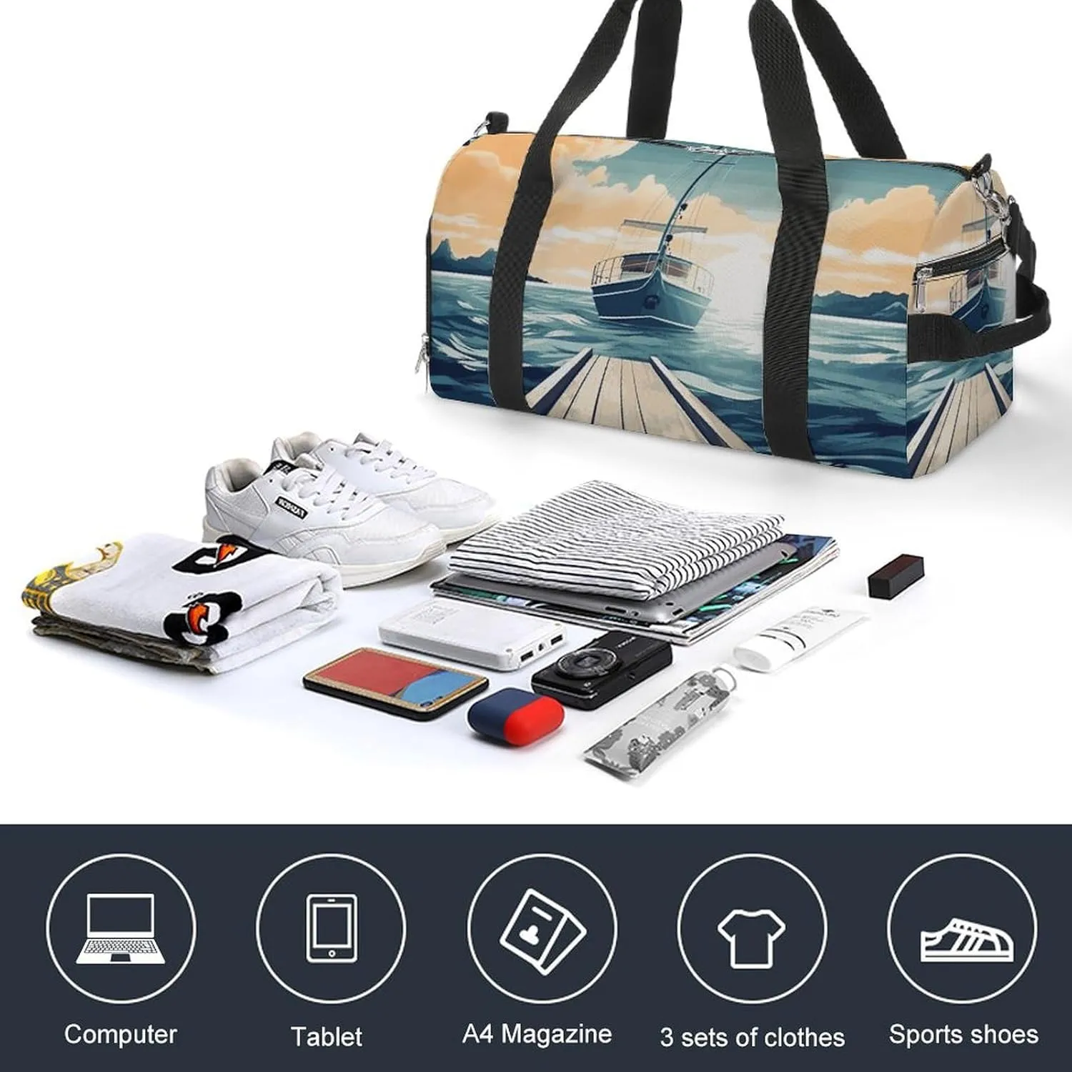 Gym Bags Small Boat Seascape Theme Duffel Bag Overnight Bag with Shoe Compartment Carryon Bag for Men Women