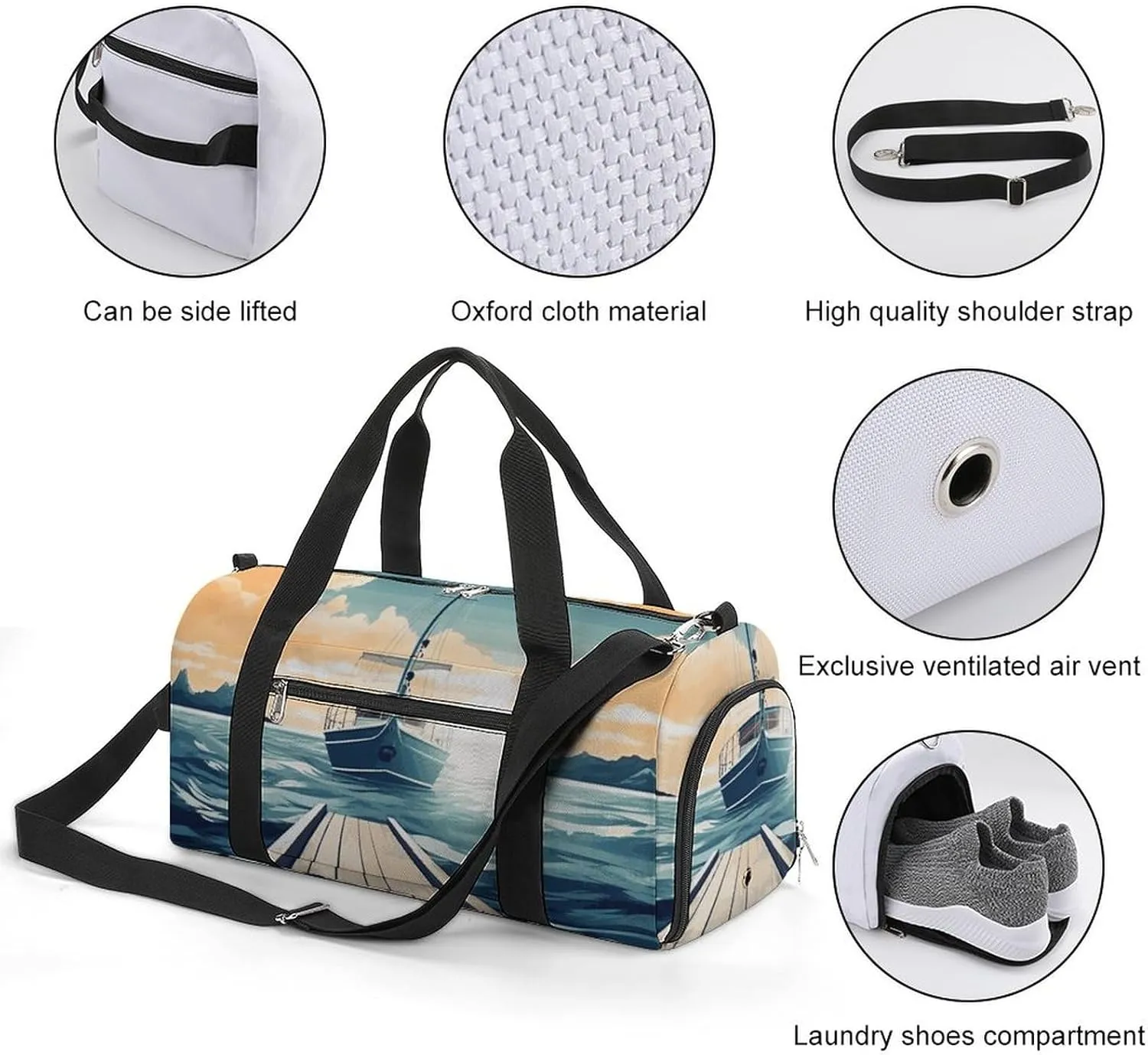 Gym Bags Small Boat Seascape Theme Duffel Bag Overnight Bag with Shoe Compartment Carryon Bag for Men Women