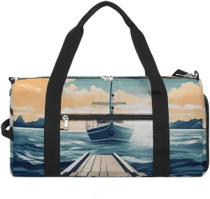 Gym Bags Small Boat Seascape Theme Duffel Bag Overnight Bag with Shoe Compartment Carryon Bag for Men Women
