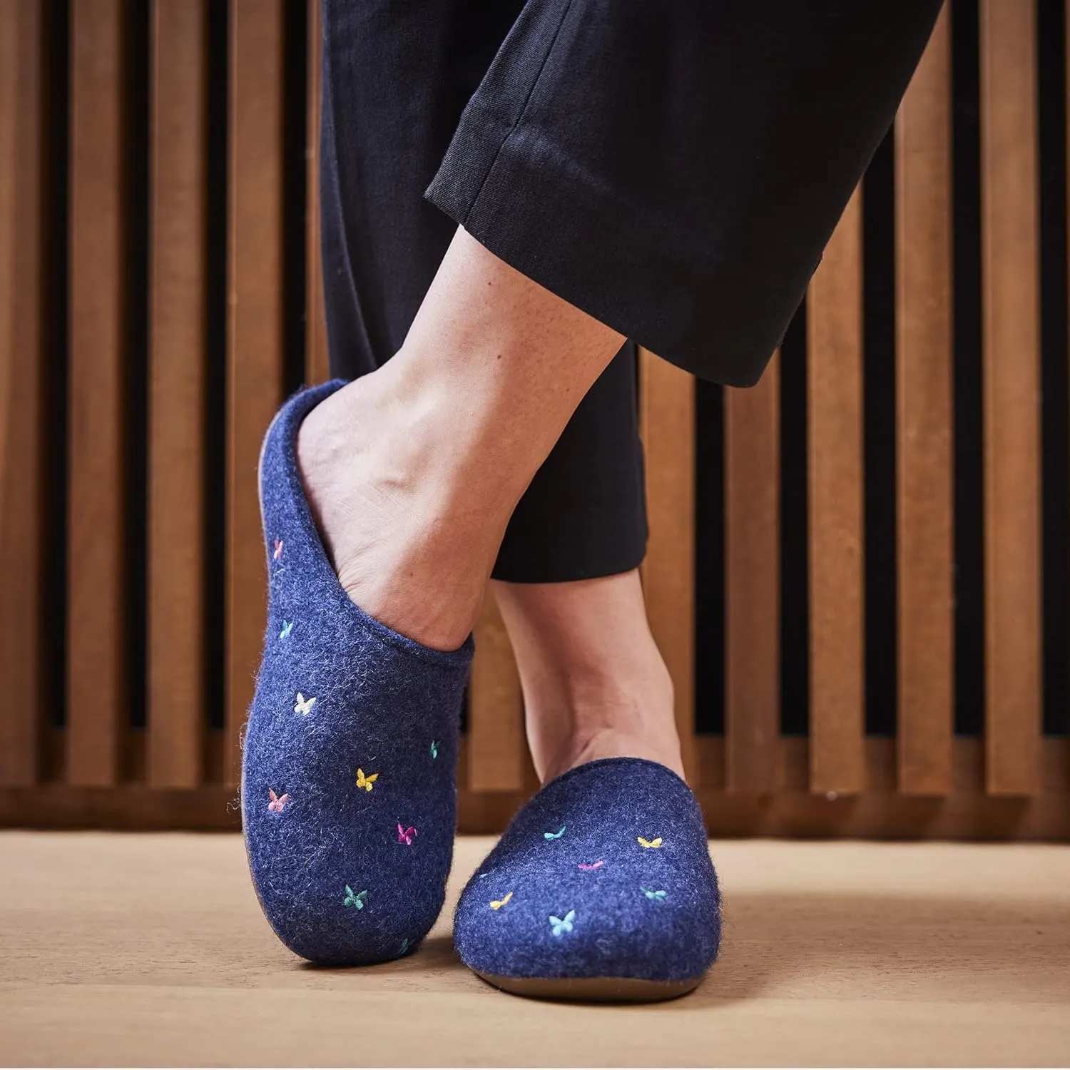 HAFLINGER Fafalline Wool Felt Butterfly Motif Womens Slip On Mule Slippers Unisex