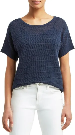 HALSTON H Womens Mesh Knit Ribbed Trim T-Shirt Navy M