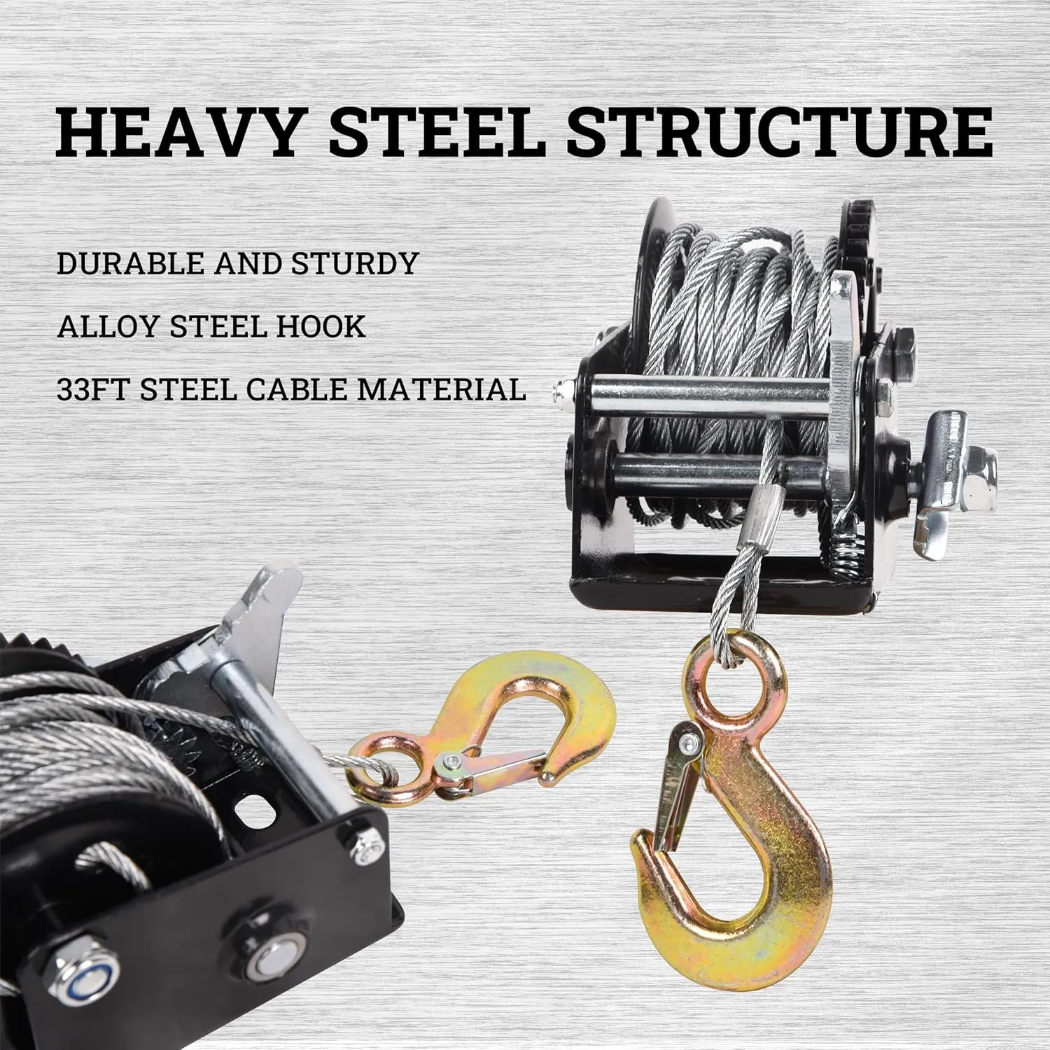 Hand Winch Boat Trailer Winch Heavy Duty Hook with 33ft Steel Cable, Ratchet Manual Operated Winch for Trailers ATV UTV Boat Marine