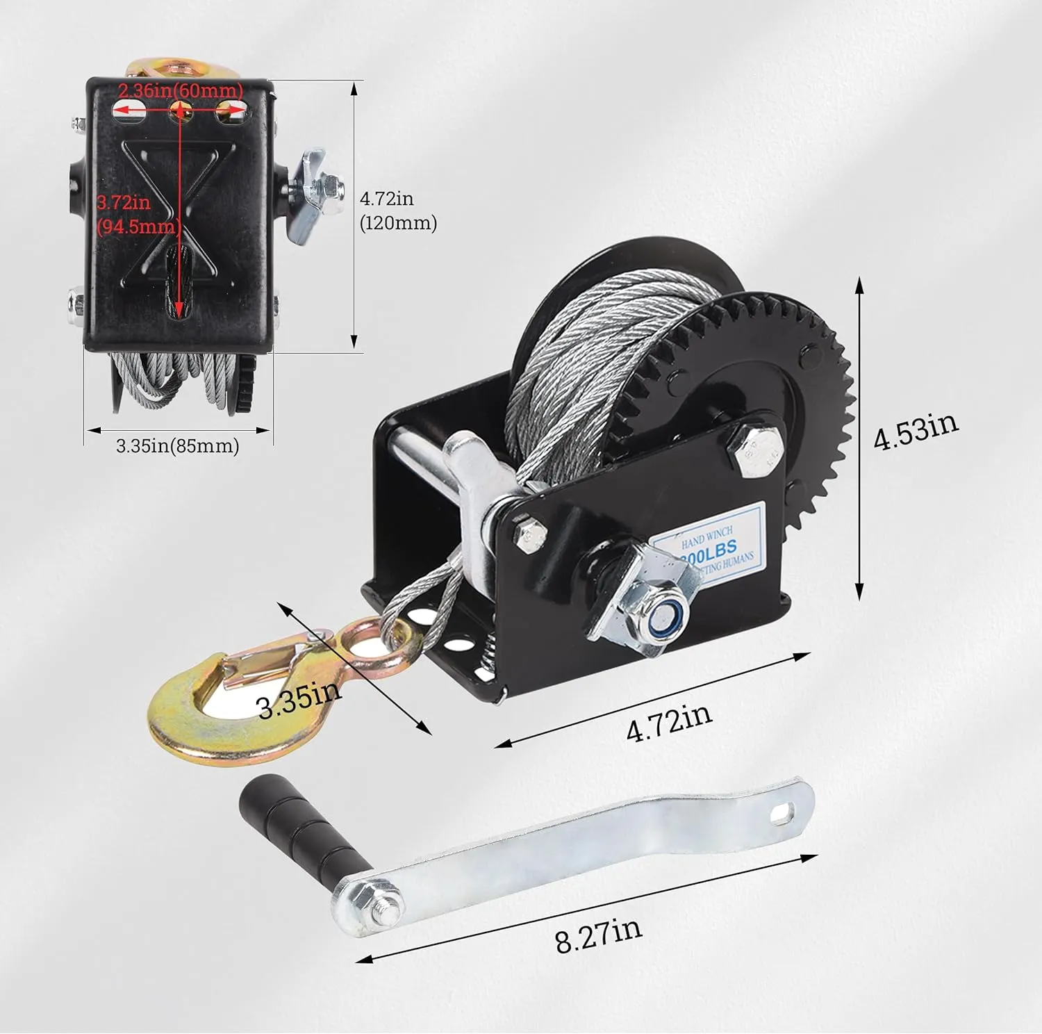 Hand Winch Boat Trailer Winch Heavy Duty Hook with 33ft Steel Cable, Ratchet Manual Operated Winch for Trailers ATV UTV Boat Marine