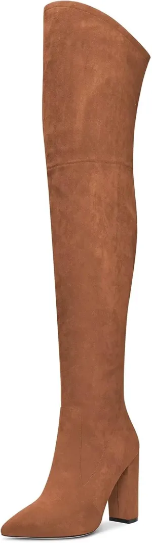 HDEUOLM Women Chunky Block High Heel Close Pointed Toe Over Above The Knee Boots Zipper Sexy Classic Shoes