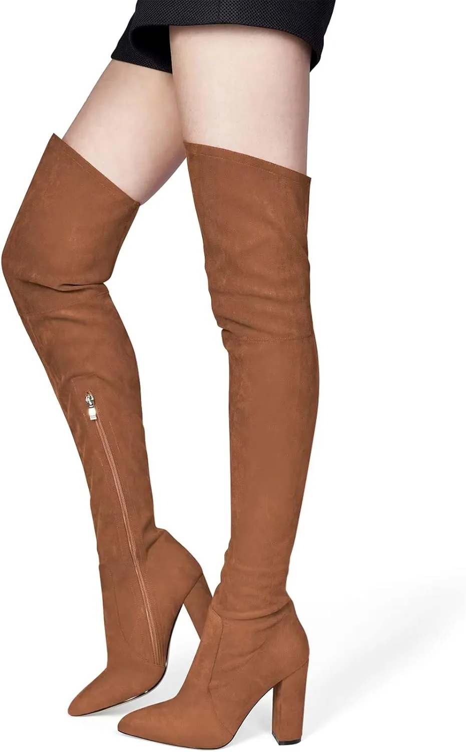 HDEUOLM Women Chunky Block High Heel Close Pointed Toe Over Above The Knee Boots Zipper Sexy Classic Shoes