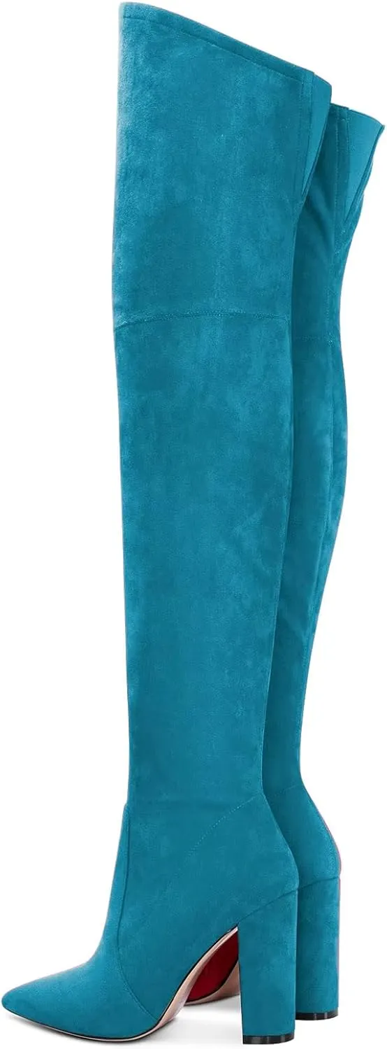 HDEUOLM Women Chunky Block High Heel Close Pointed Toe Over Above The Knee Boots Zipper Sexy Classic Shoes