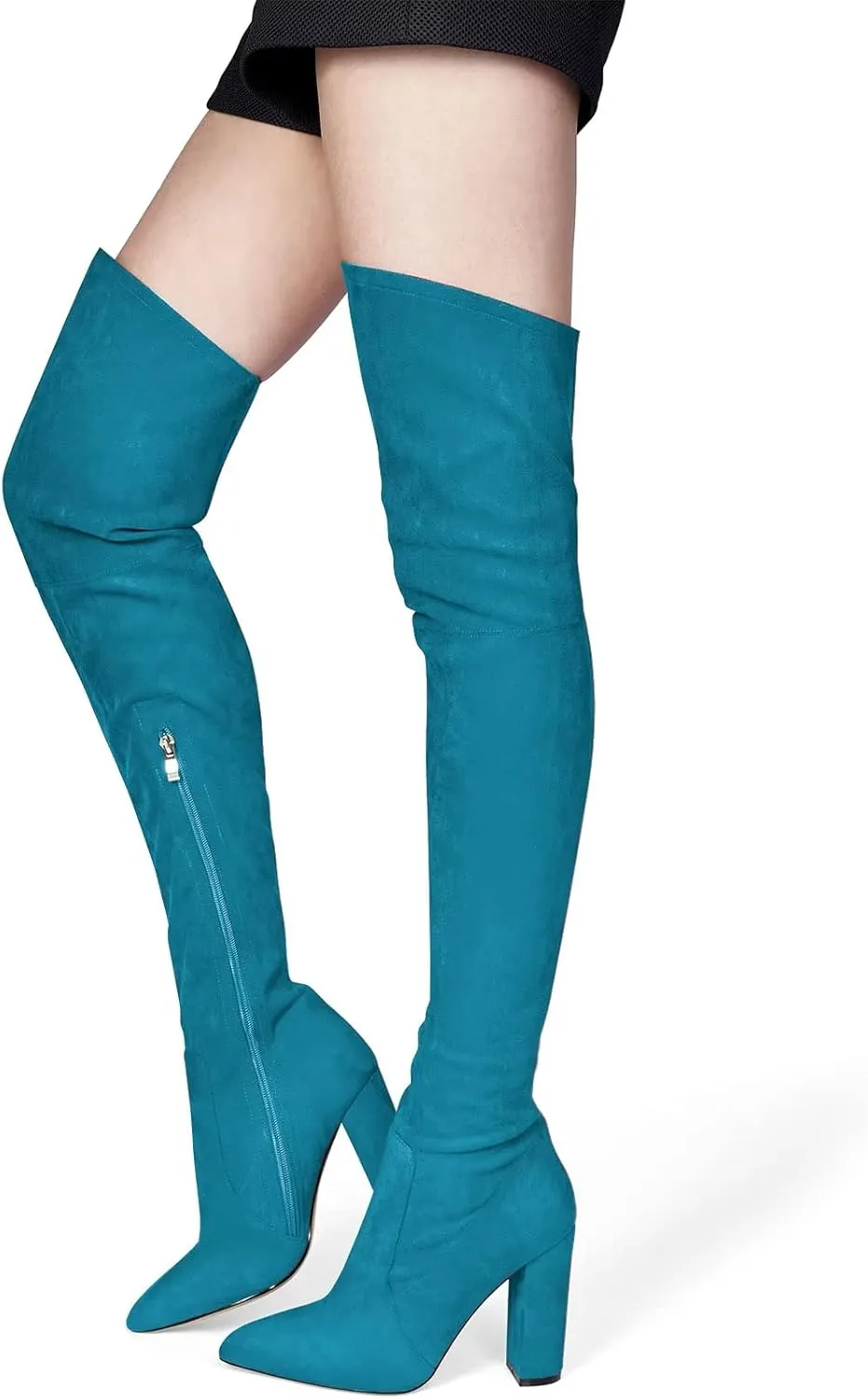 HDEUOLM Women Chunky Block High Heel Close Pointed Toe Over Above The Knee Boots Zipper Sexy Classic Shoes