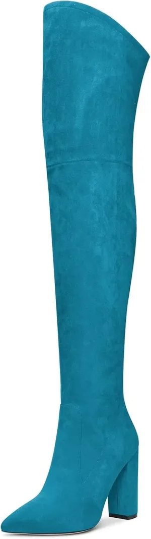 HDEUOLM Women Chunky Block High Heel Close Pointed Toe Over Above The Knee Boots Zipper Sexy Classic Shoes