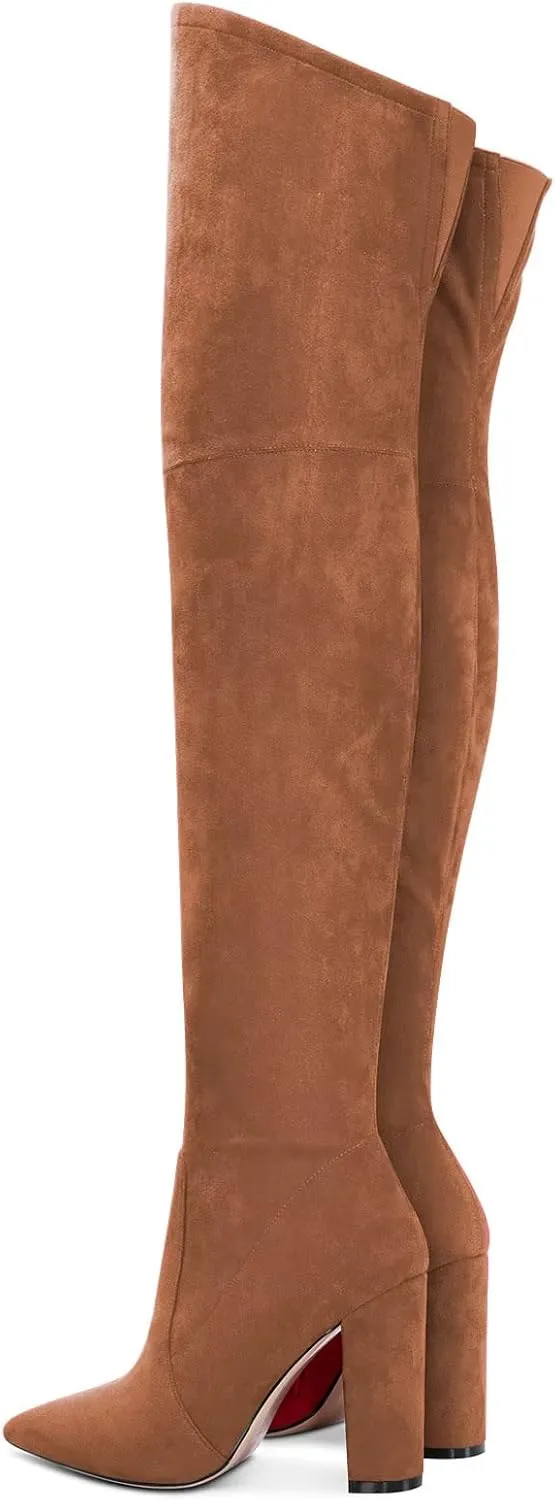 HDEUOLM Women Chunky Block High Heel Close Pointed Toe Over Above The Knee Boots Zipper Sexy Classic Shoes