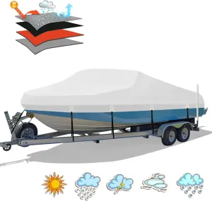 Heavy Duty 1200D PU Waterproof Boat Cover, 17'- 19' Trailerable Marine Grade Polyester Canvas, Fits 17-19ft V-Hull, Tri-Hull, Fishing Boat, Runabout, Pro-Style Bass Boat with Tightening Strap