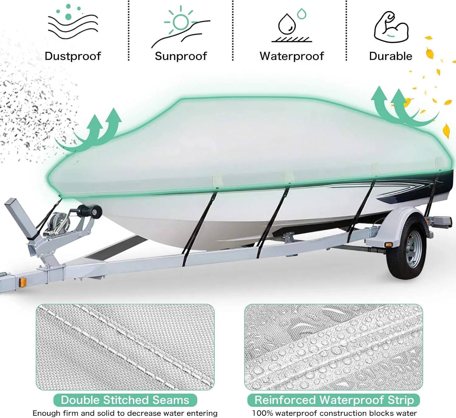 Heavy Duty 1200D PU Waterproof Boat Cover, 17'- 19' Trailerable Marine Grade Polyester Canvas, Fits 17-19ft V-Hull, Tri-Hull, Fishing Boat, Runabout, Pro-Style Bass Boat with Tightening Strap