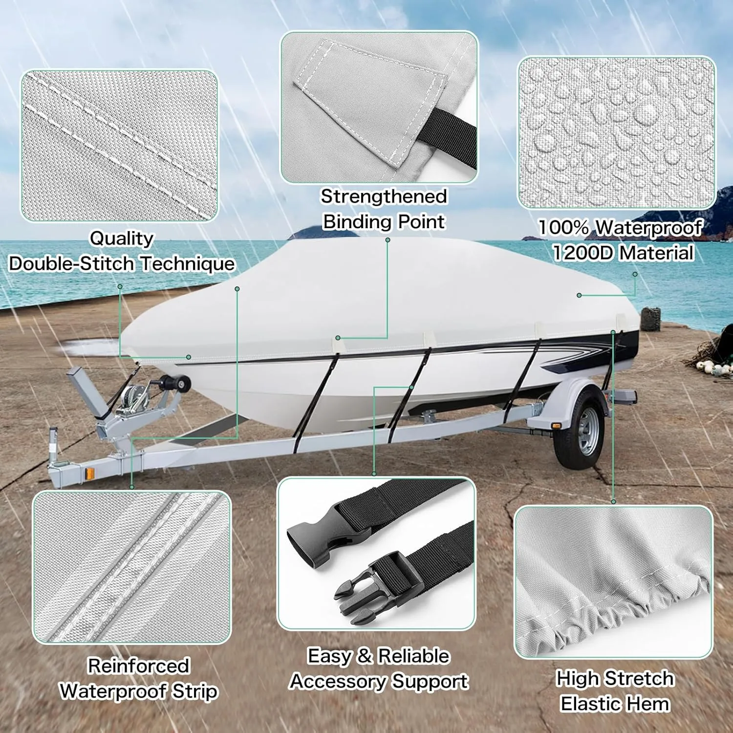 Heavy Duty 1200D PU Waterproof Boat Cover, 17'- 19' Trailerable Marine Grade Polyester Canvas, Fits 17-19ft V-Hull, Tri-Hull, Fishing Boat, Runabout, Pro-Style Bass Boat with Tightening Strap