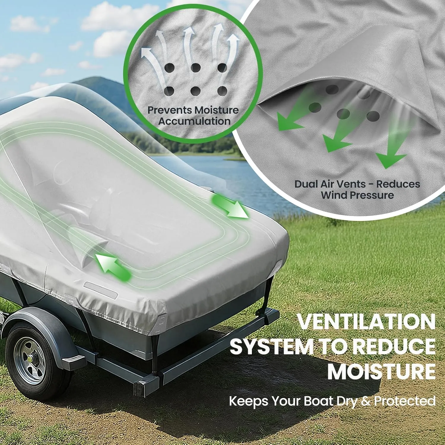 Heavy Duty 1200D Waterproof Boat Cover, 16-18.5ft, Fits V-Hull, Tri-Hull, Bass Boat, Runabout, Fishing Boat with Motor Cover, Anti-UV, Waterproof & Windproof, Adjustable Straps, Storage Bag Included