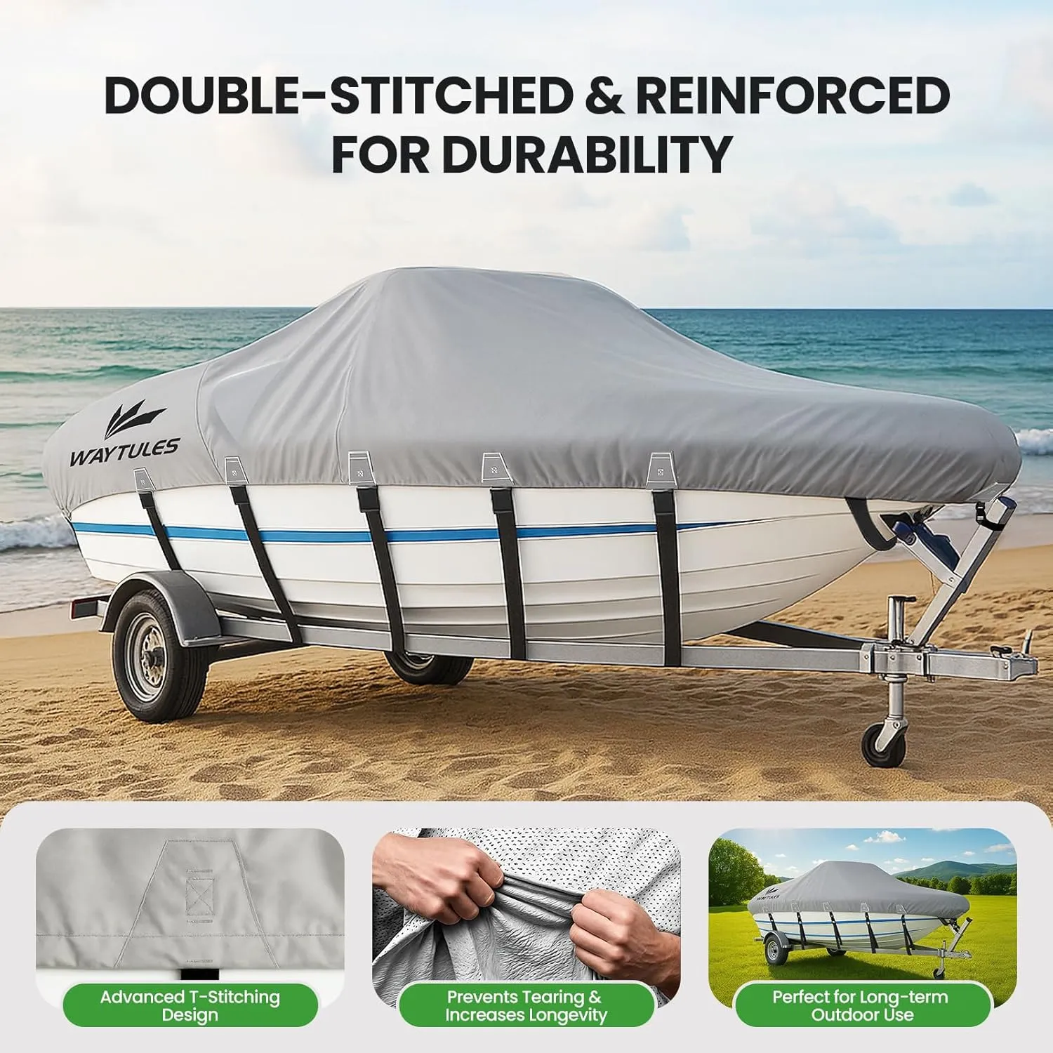 Heavy Duty 1200D Waterproof Boat Cover, 16-18.5ft, Fits V-Hull, Tri-Hull, Bass Boat, Runabout, Fishing Boat with Motor Cover, Anti-UV, Waterproof & Windproof, Adjustable Straps, Storage Bag Included