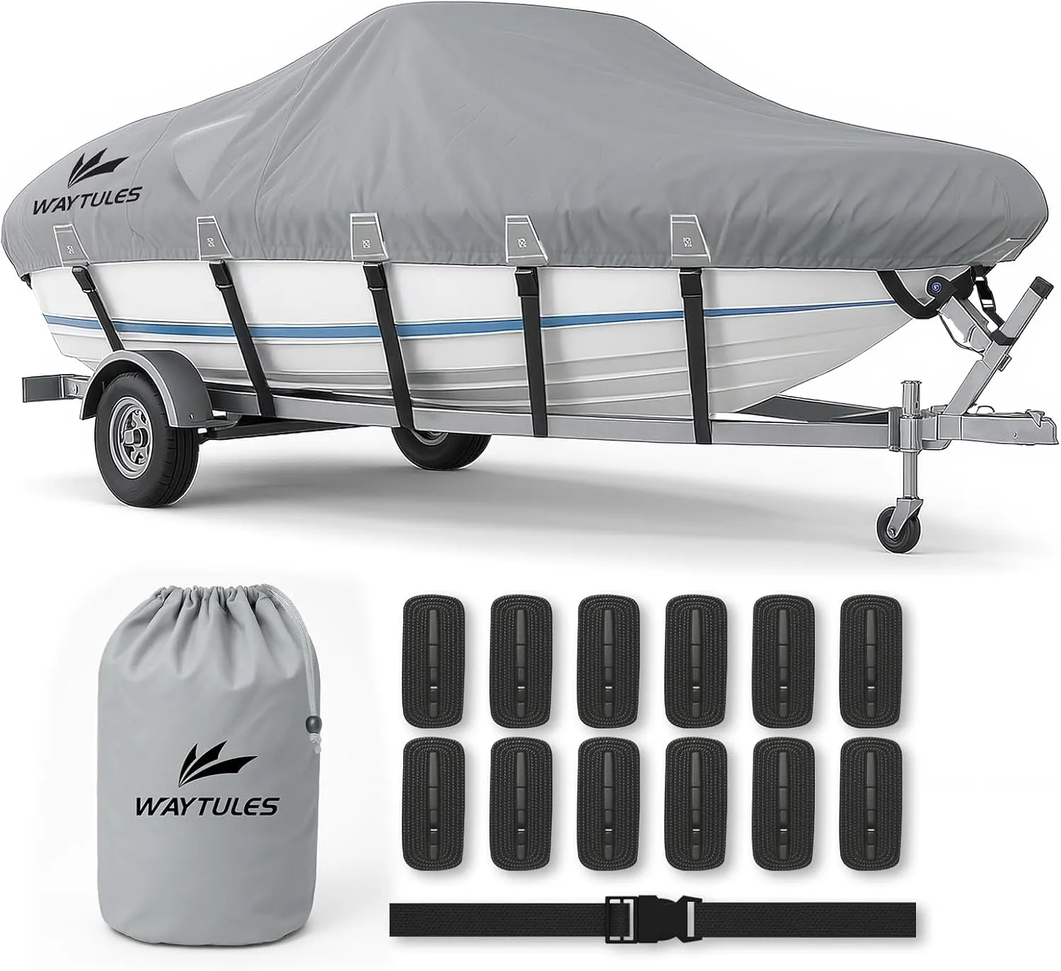 Heavy Duty 1200D Waterproof Boat Cover, 16-18.5ft, Fits V-Hull, Tri-Hull, Bass Boat, Runabout, Fishing Boat with Motor Cover, Anti-UV, Waterproof & Windproof, Adjustable Straps, Storage Bag Included
