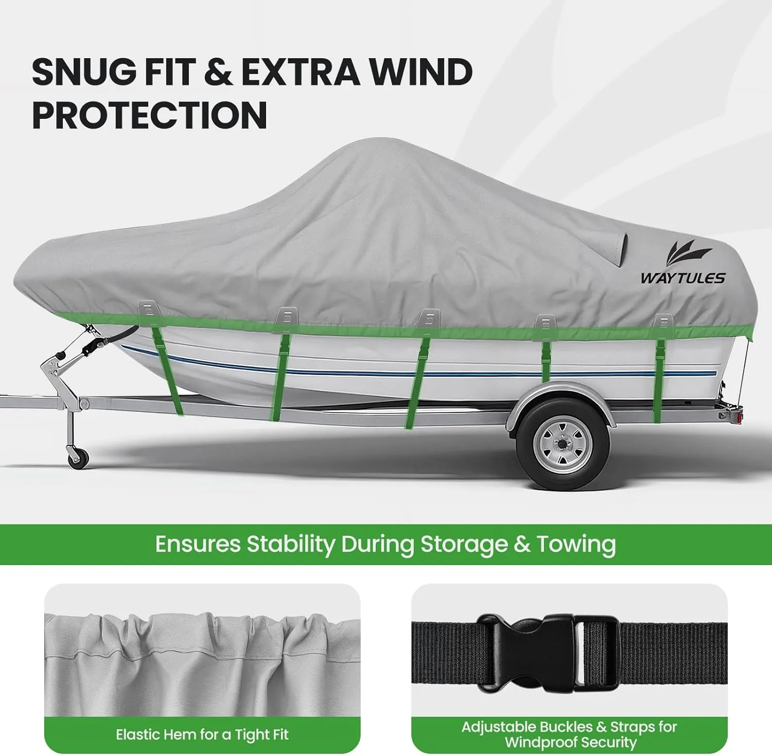 Heavy Duty 1200D Waterproof Boat Cover, 16-18.5ft, Fits V-Hull, Tri-Hull, Bass Boat, Runabout, Fishing Boat with Motor Cover, Anti-UV, Waterproof & Windproof, Adjustable Straps, Storage Bag Included