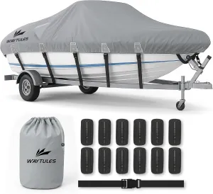 Heavy Duty 1200D Waterproof Boat Cover, 16-18.5ft, Fits V-Hull, Tri-Hull, Bass Boat, Runabout, Fishing Boat with Motor Cover, Anti-UV, Waterproof & Windproof, Adjustable Straps, Storage Bag Included