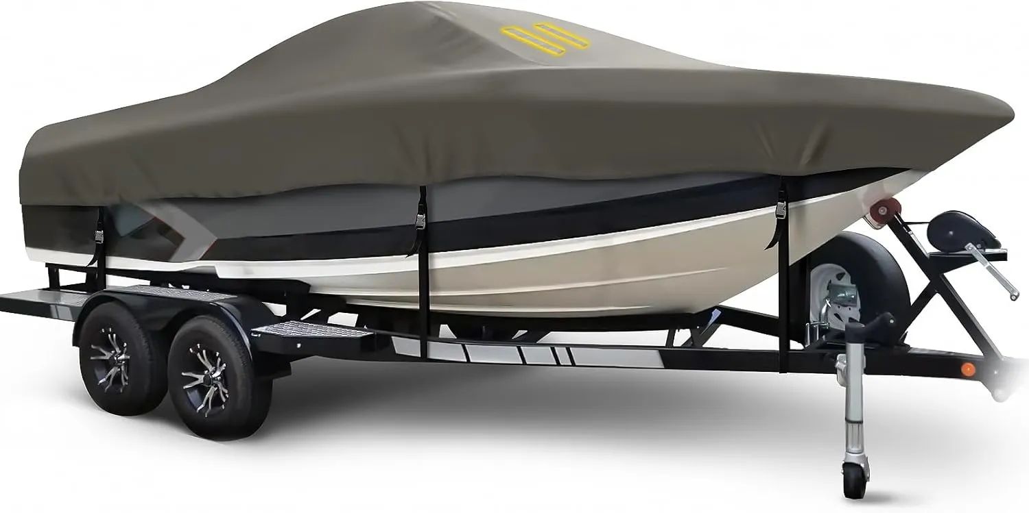 Heavy Duty 1200D Waterproof Boat Cover, Boat Cover 20-22 ft with Reinforces Nose Cone, Tear Resistant Boat Covers 20-22ft, Boat Covers 20ft 21ft 22 Foot for Bass Boat V-Hull Fish Ski Boat, Dark Grey