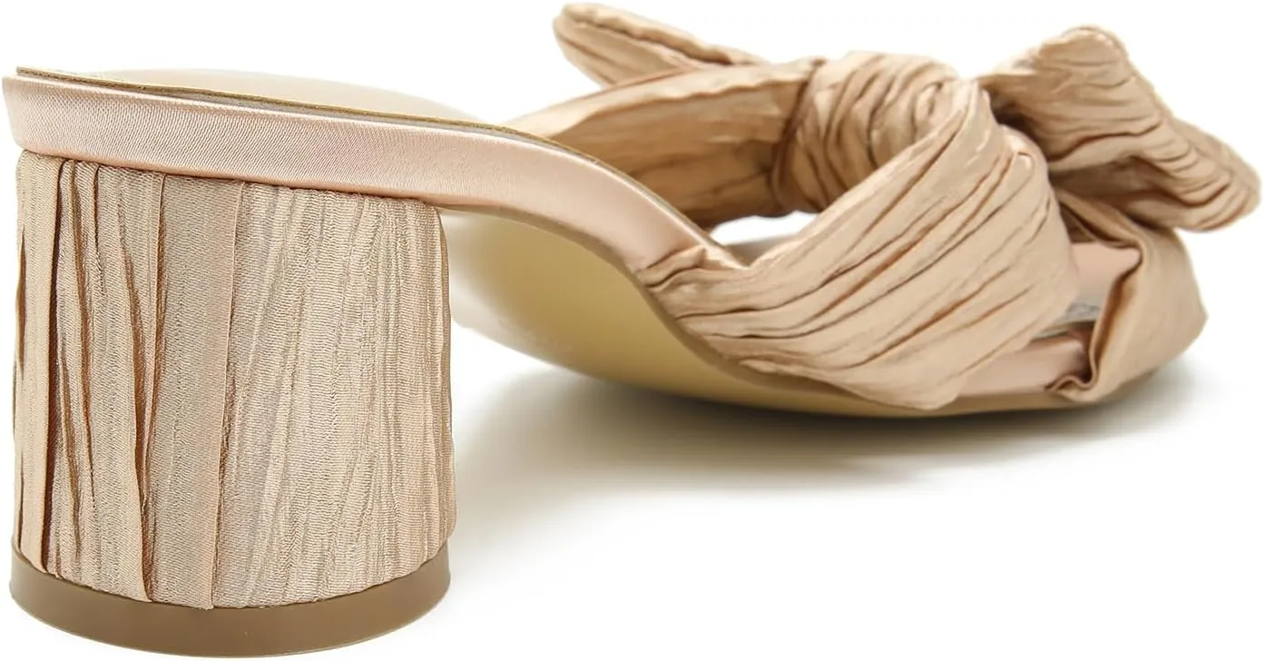 Heiyom Women's Bowknot Low Chunky Heels Mules Sandals Slip on Pleated Bow Heels Wedding Bridal Party Dress Shoes