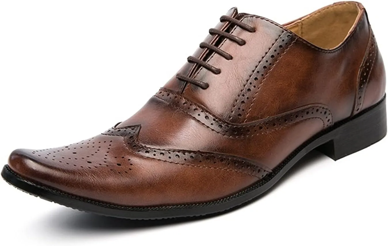 HOOENG Dress Shoes for Men Lace Up Brogue Embossed Wing Tip Plain Burnished Toe Vegan Leather Rubber Sole Non Slip Resistant Prom (Color : Brown, Size : 8)